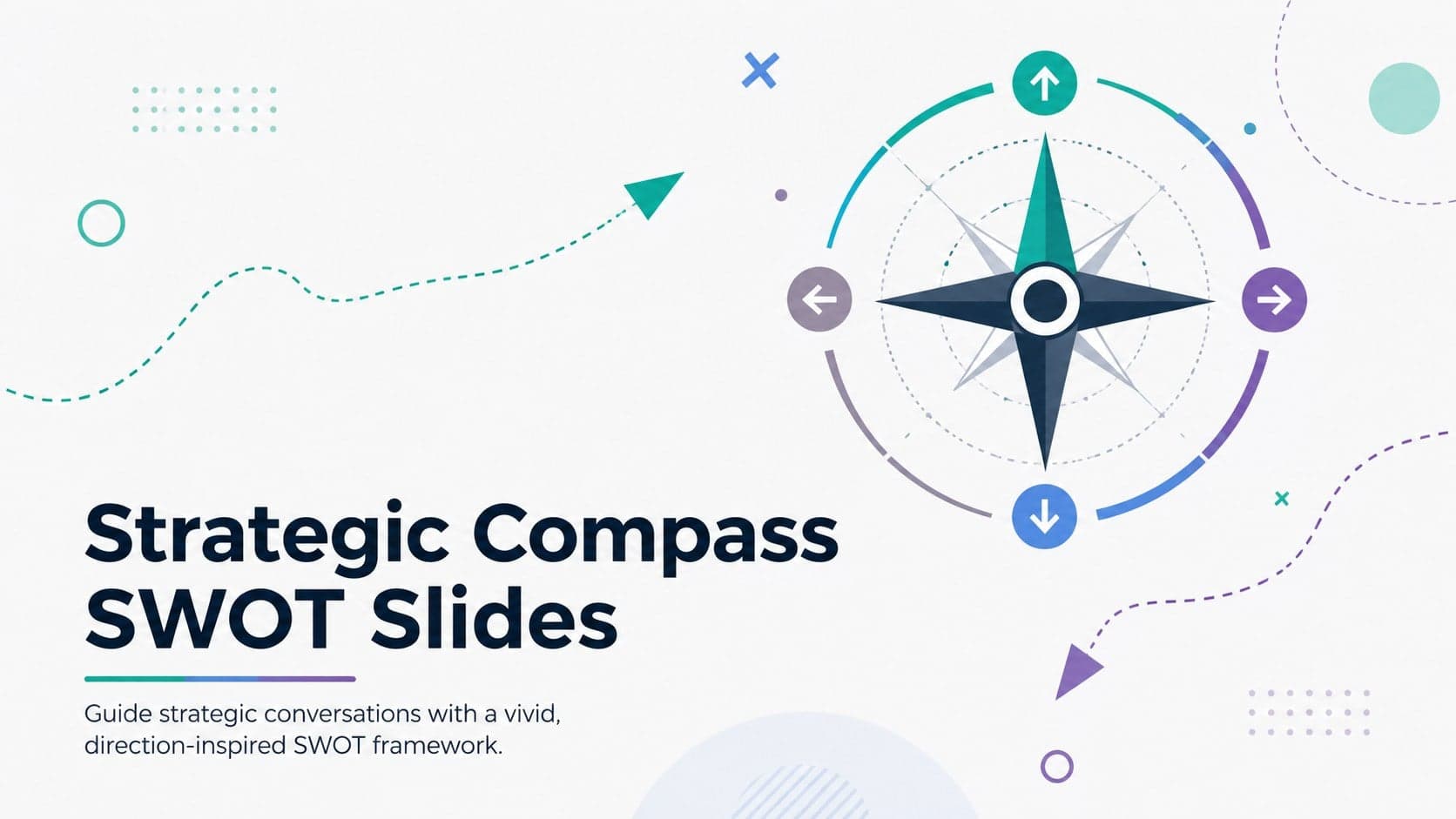 Cover for Strategic Compass SWOT Slides with colorful directional graphics and a modern business strategy theme.