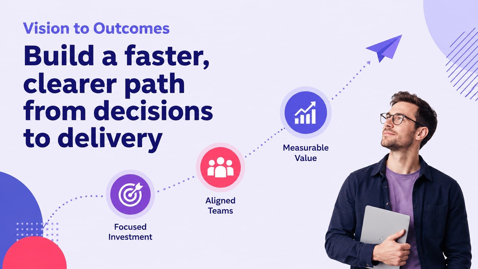 Strategic planning roadmap template slide connecting a vision statement with three measurable outcomes.
