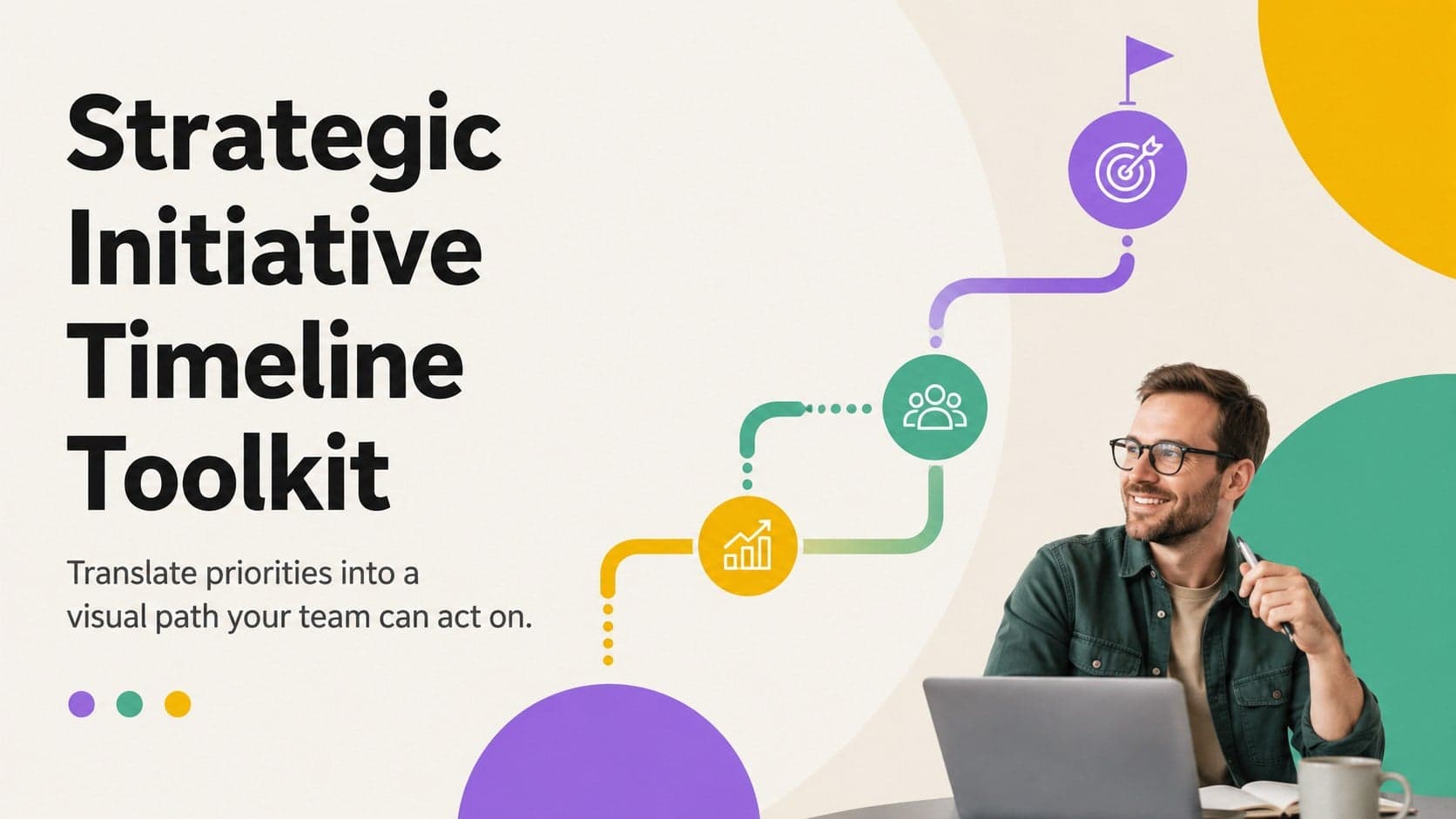 Cover of the Strategic Initiative Timeline Toolkit with colorful geometric accents in violet, yellow, and green.