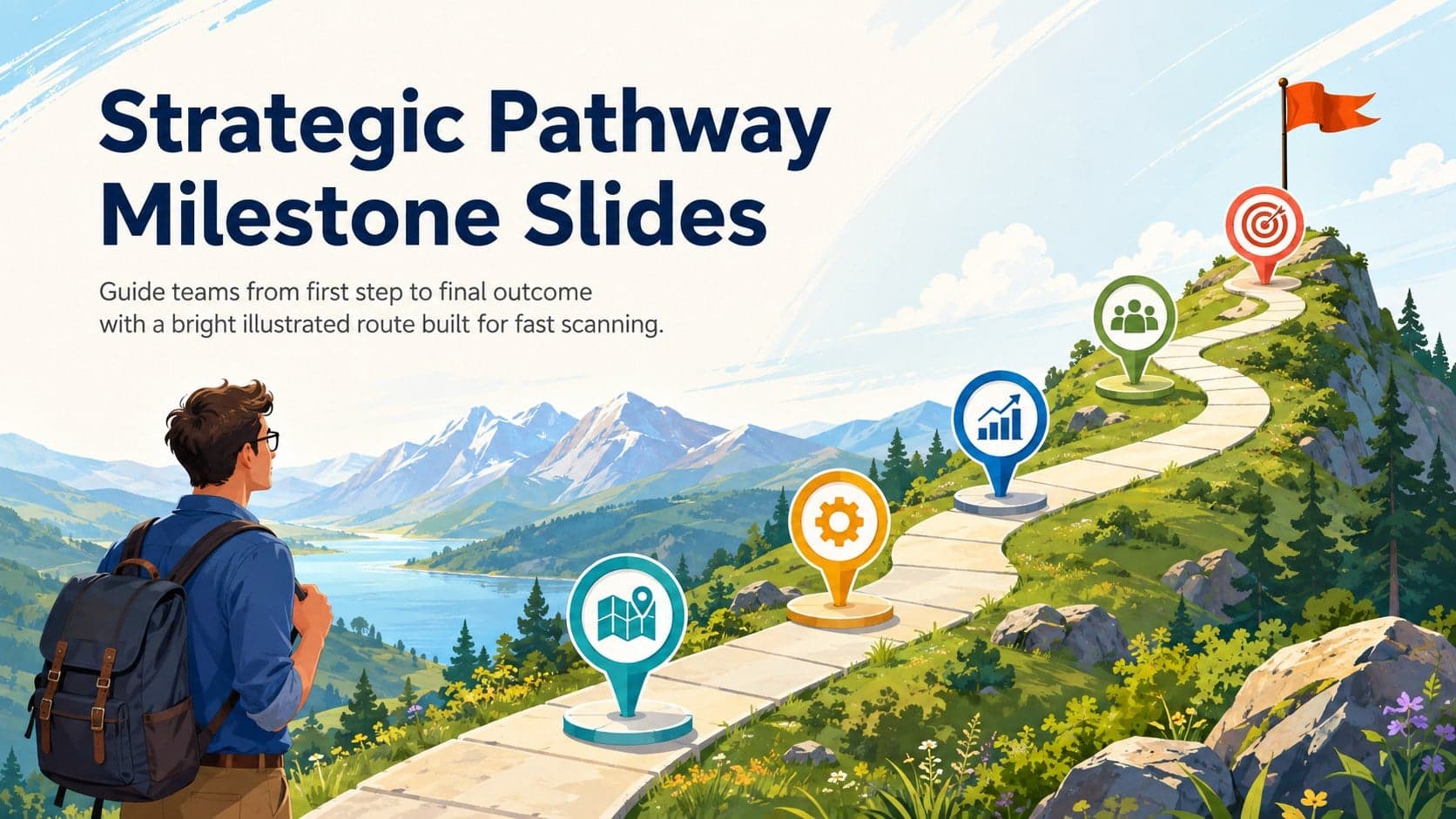 Cover for Strategic Pathway Milestone Slides featuring a colorful illustrated route with business checkpoints and a final destination.