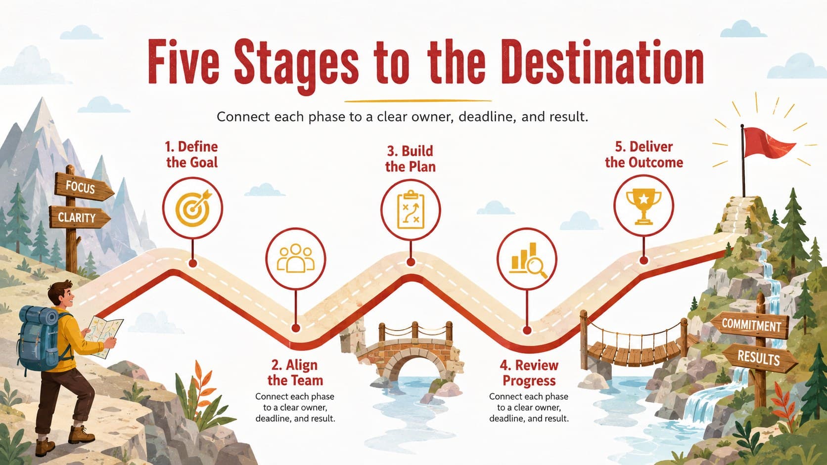 Colorful five-stage project phase infographic showing objectives, owners, checkpoints, and outcomes along an illustrated pathway.