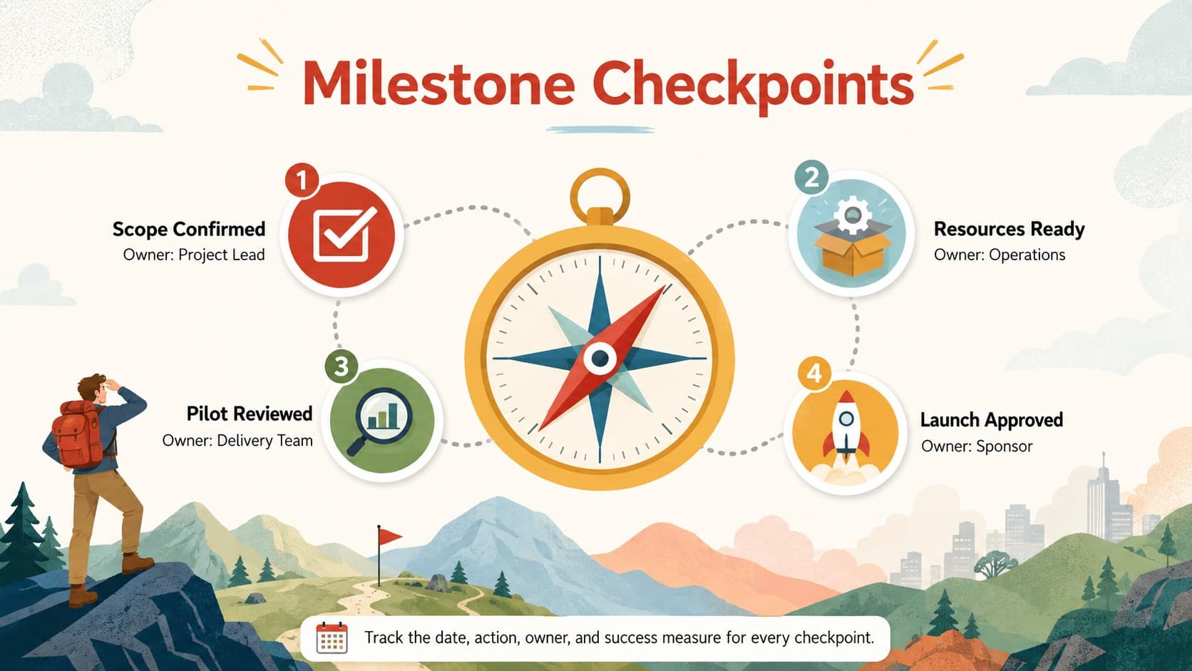 Editable strategy journey slide presenting four milestone checkpoints with dates, owners, actions, and success measures.