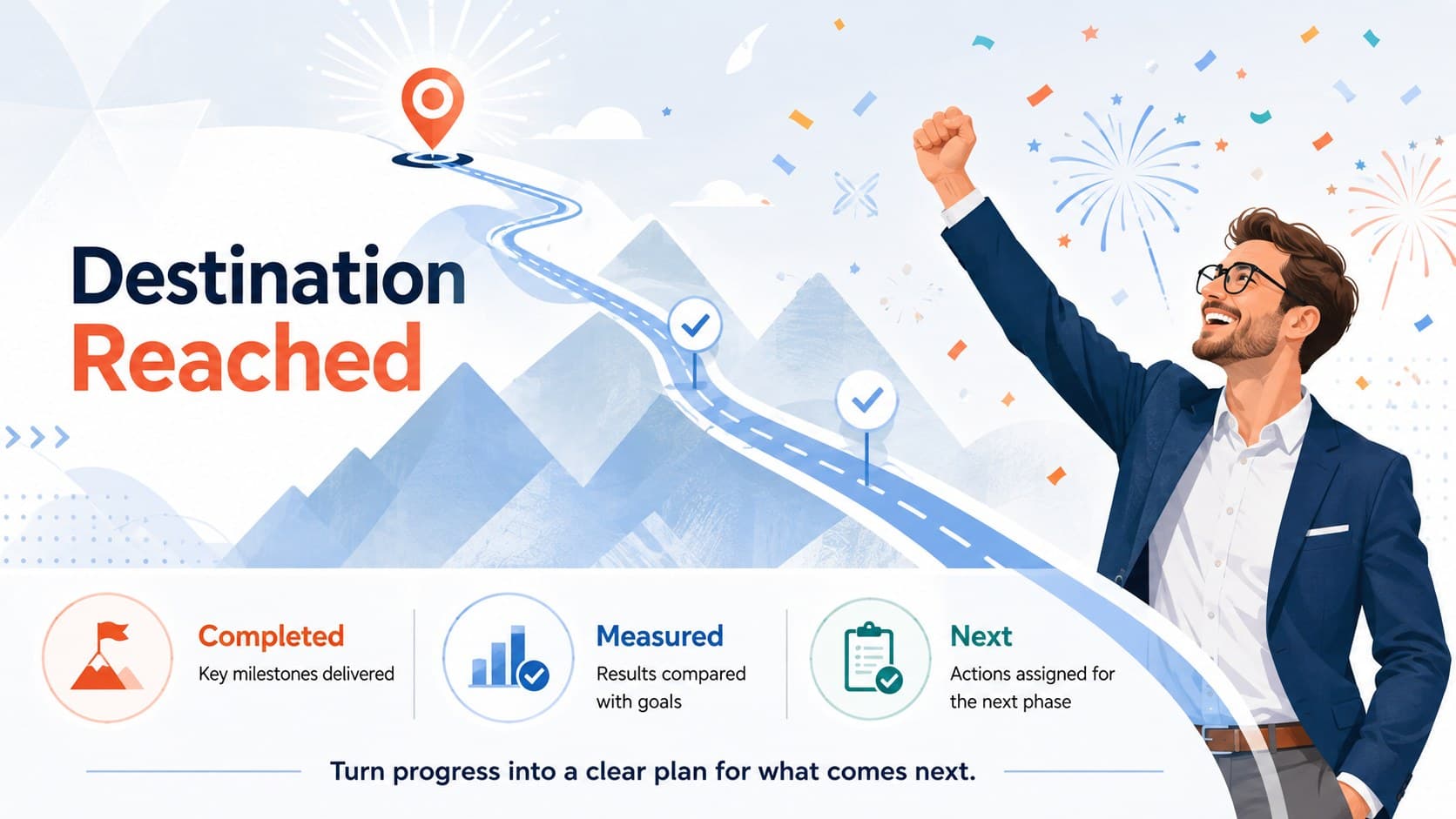 Team alignment roadmap presentation summary with completed milestones, measurable results, and next-step actions.