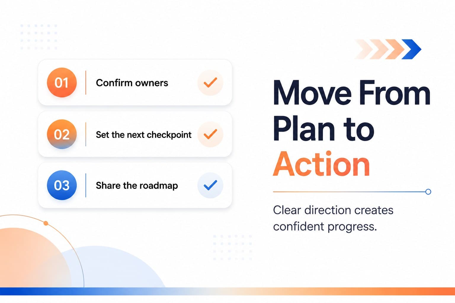 Closing strategy slide summarizing next actions and decision points for a business roadmap presentation.