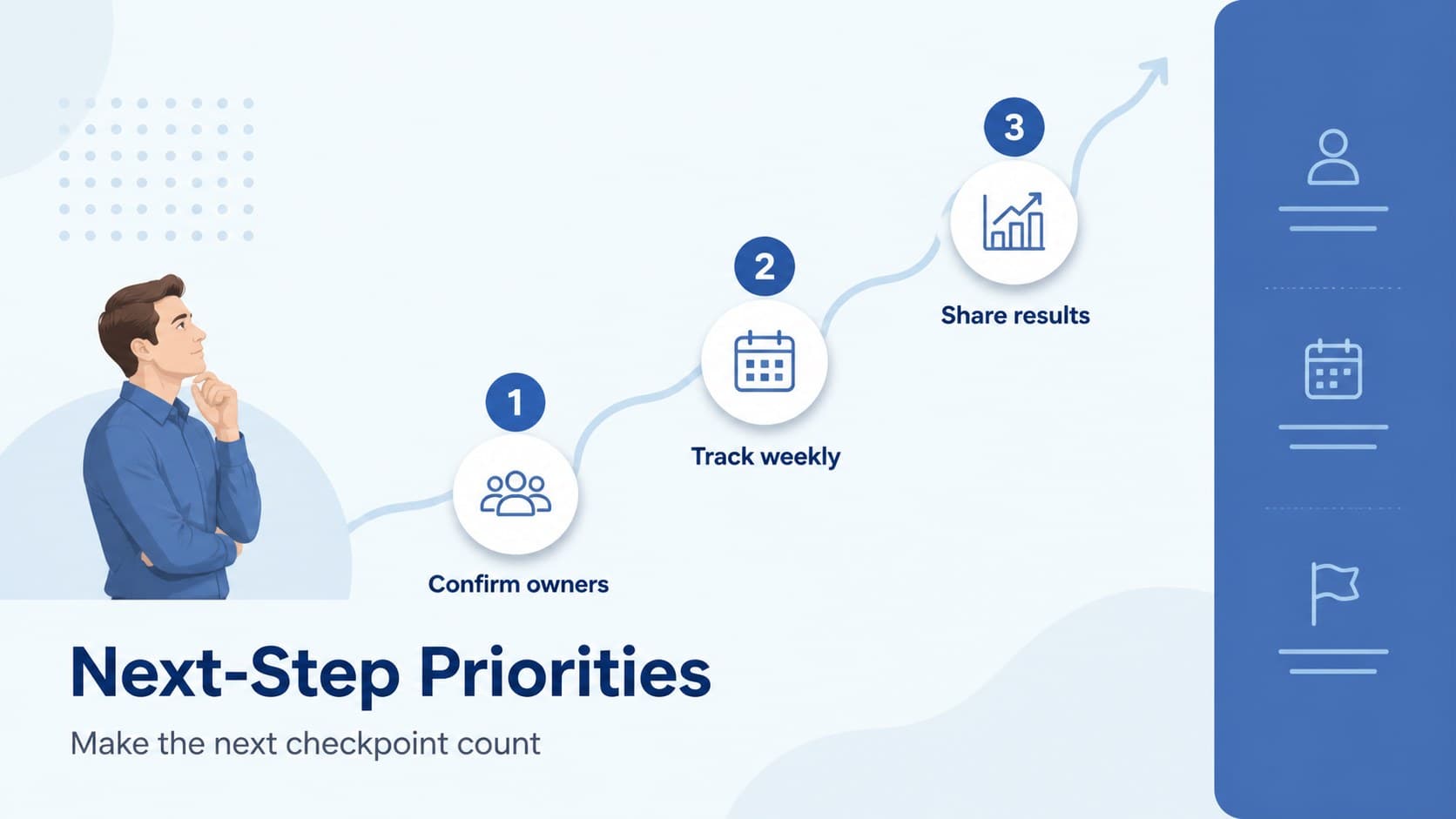 Blue executive progress tracking slide summarizing next-step priorities and measurable business outcomes.