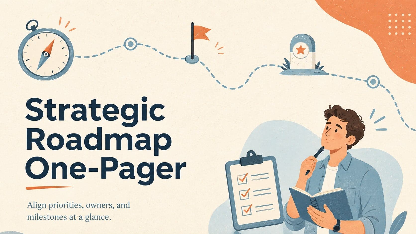 Colorful Strategic Roadmap One-Pager cover with playful blue and orange planning doodles.