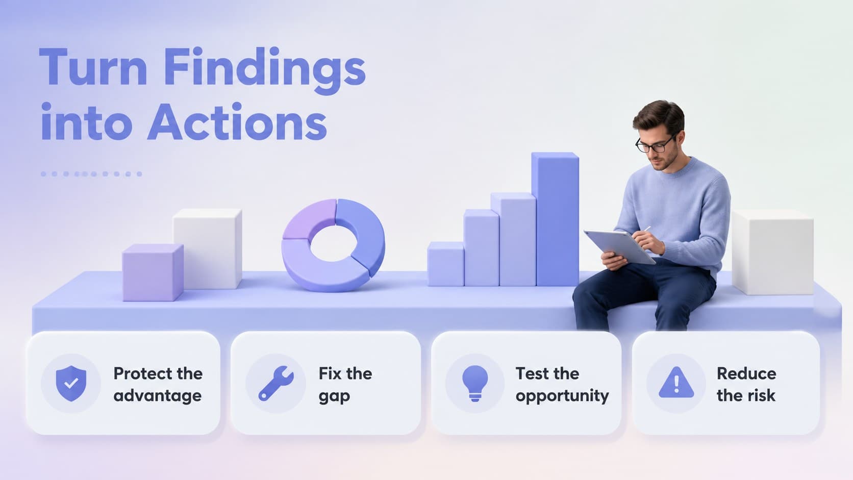 Animated strategy planning template slide with a team discussion and action categories.
