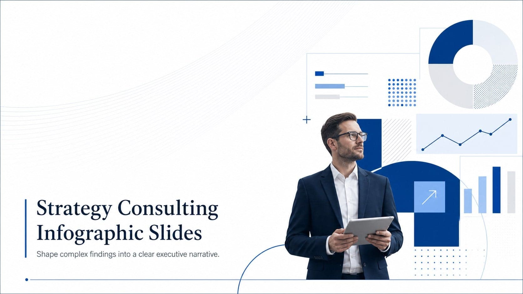 Cover for Strategy Consulting Infographic Slides with a minimal blue executive presentation design.