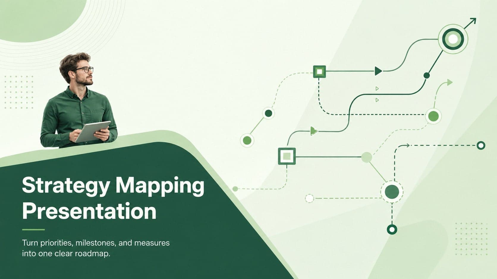 Green Strategy Mapping Presentation cover with a structured business roadmap motif and modern corporate typography.