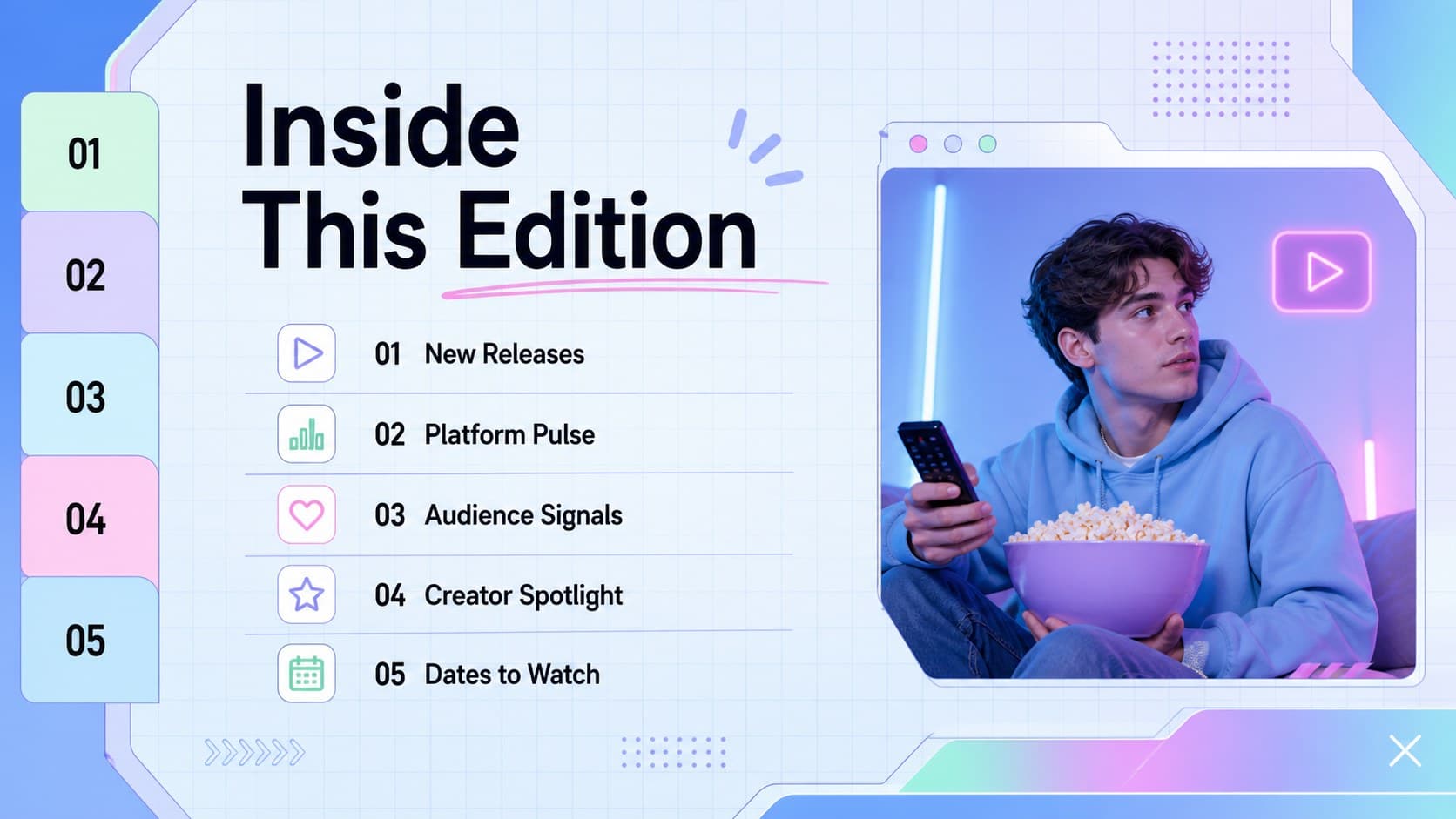 Streaming newsletter contents slide listing releases, platform news, audience trends, and creator stories.