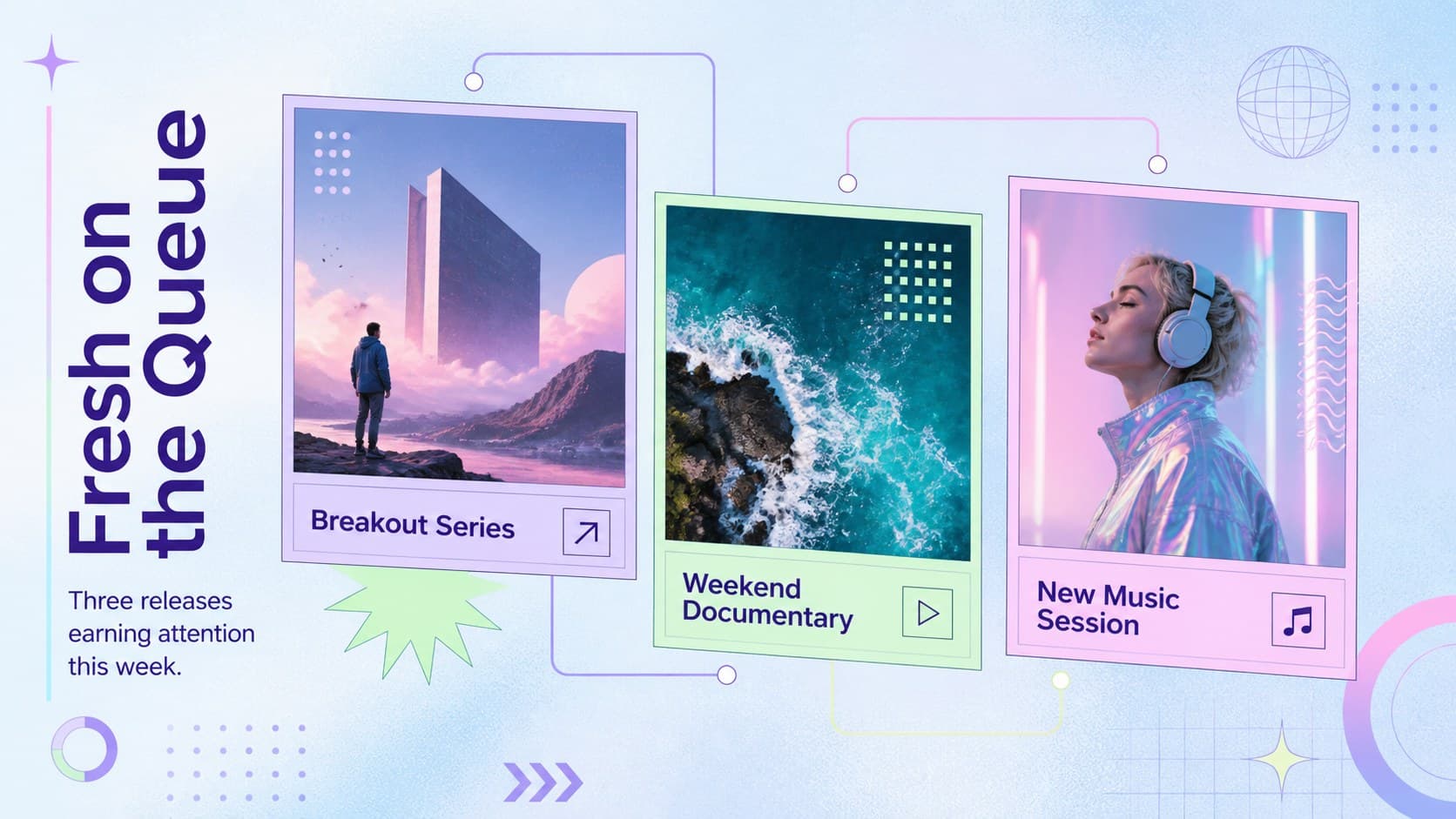 Content release roundup template showing three featured streaming picks in a pastel blue editorial layout.