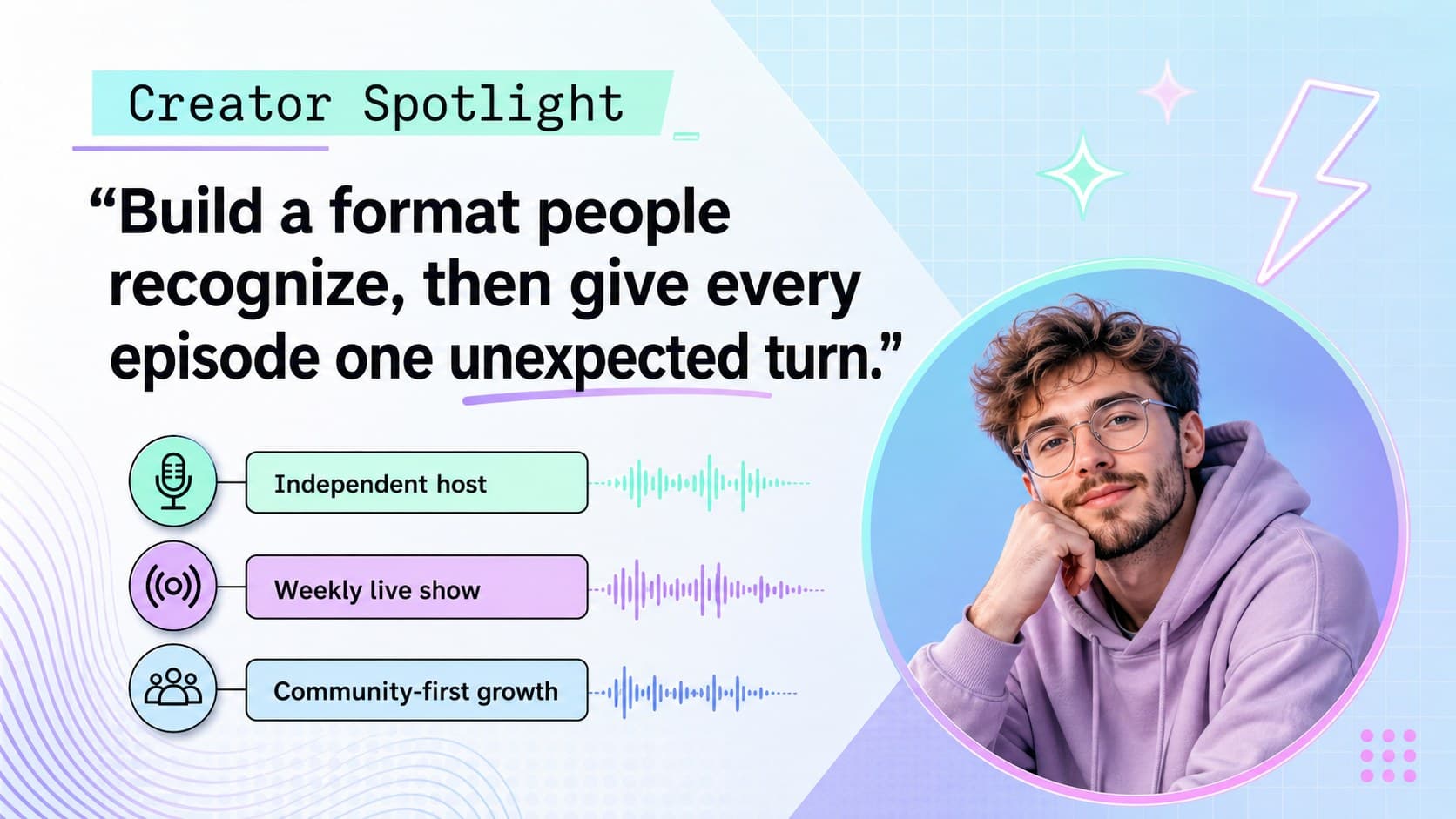 Creator economy newsletter slide presenting an original host profile and key creative achievements.