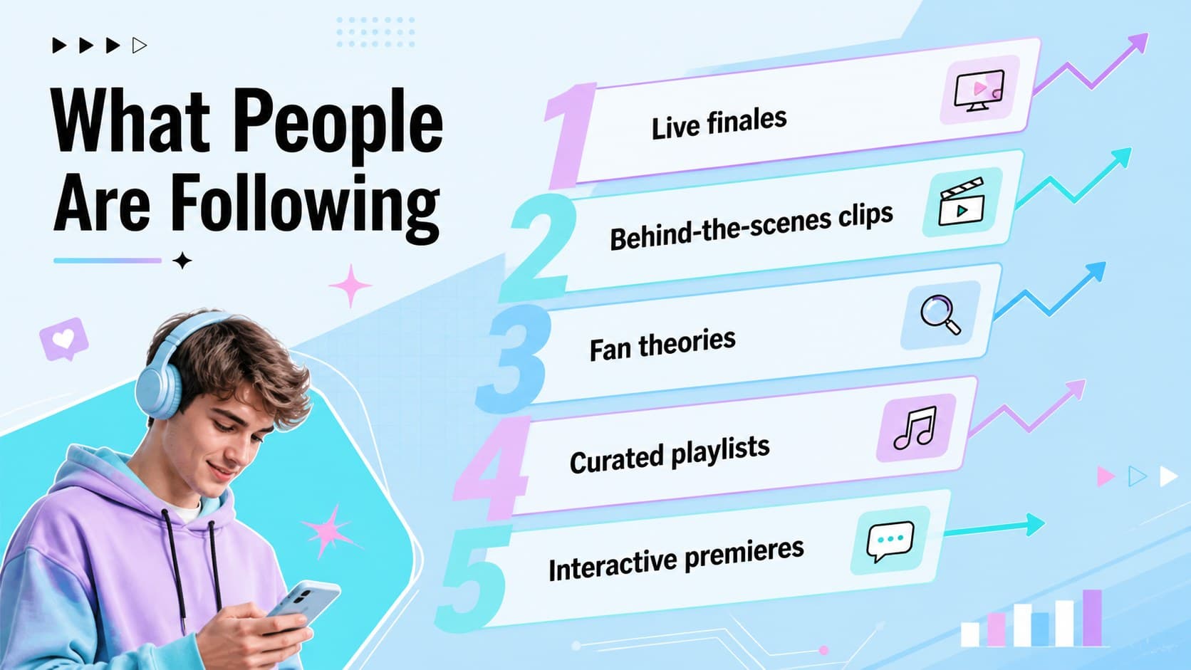 Pastel blue media newsletter slide displaying five ranked entertainment topics and trend indicators.