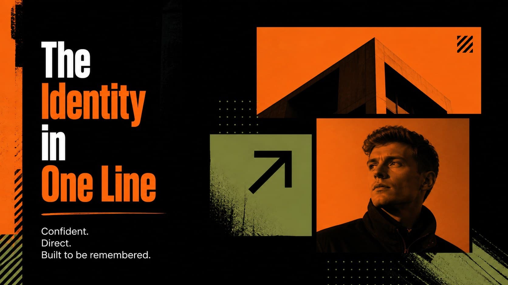 Brand overview slide introducing an urban identity concept with orange, black and green visual elements.