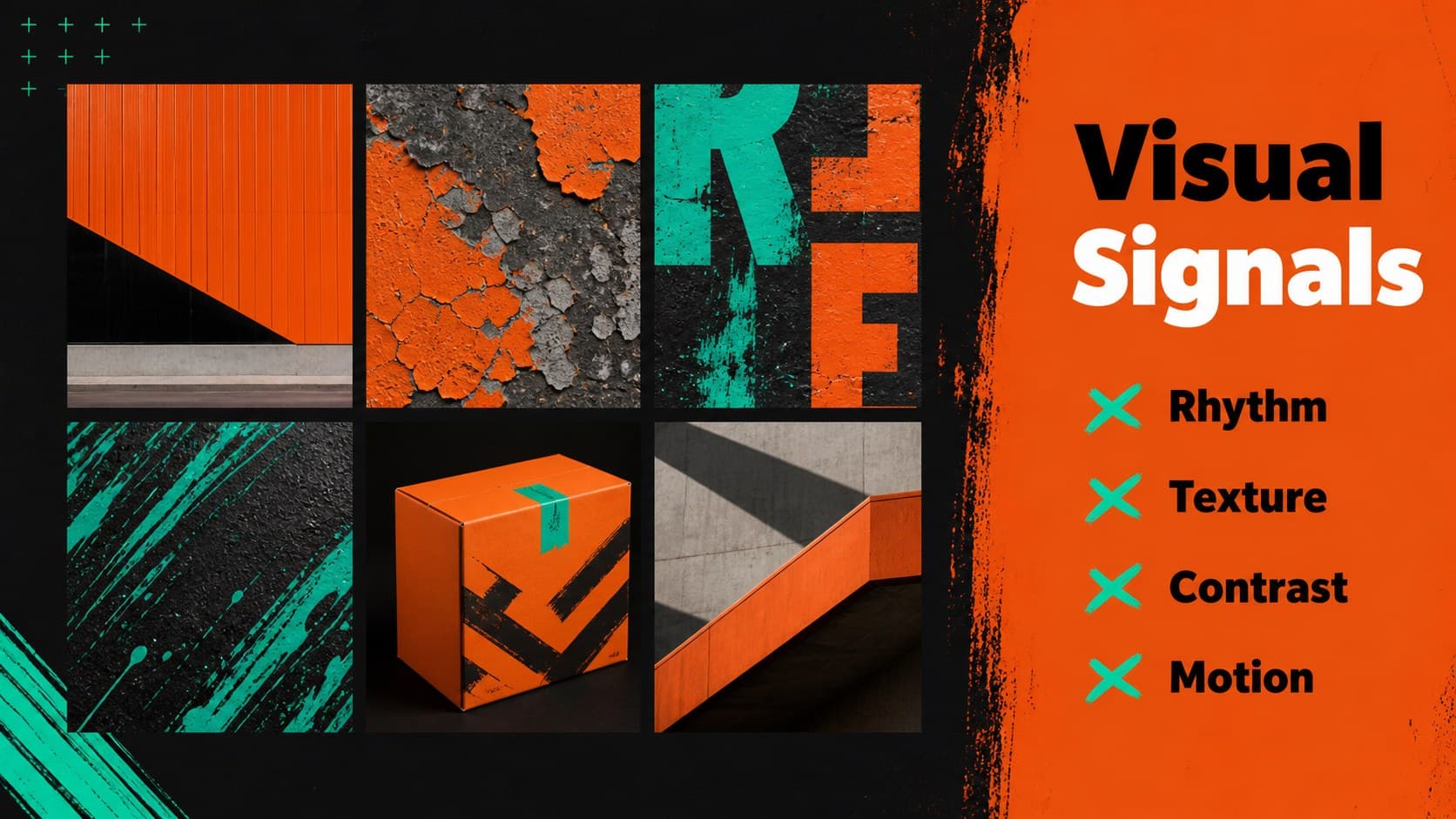 Visual reference moodboard slide for an orange black green brand strategy presentation.