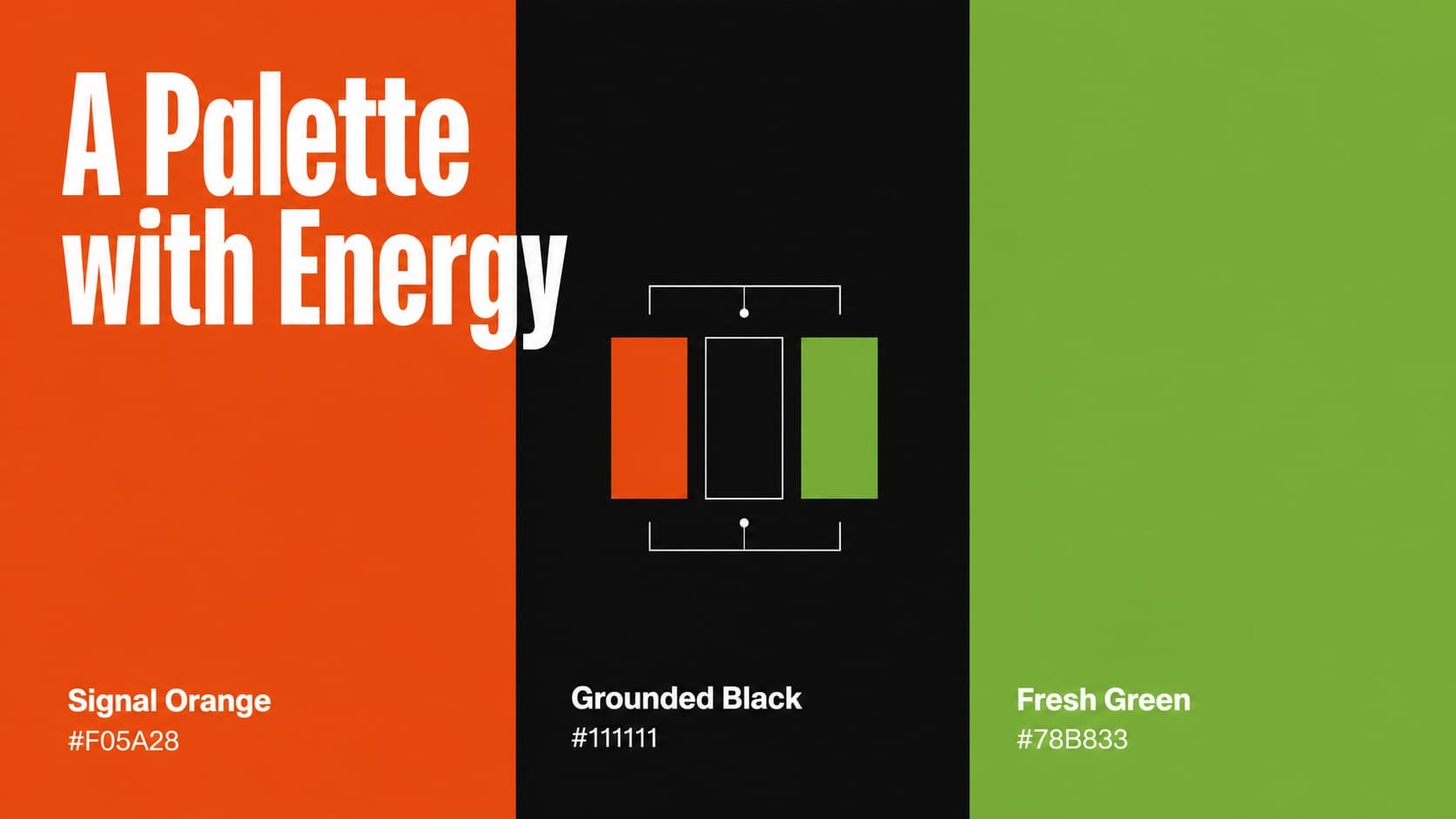 Color system slide displaying orange, black and green swatches for a brand launch presentation.
