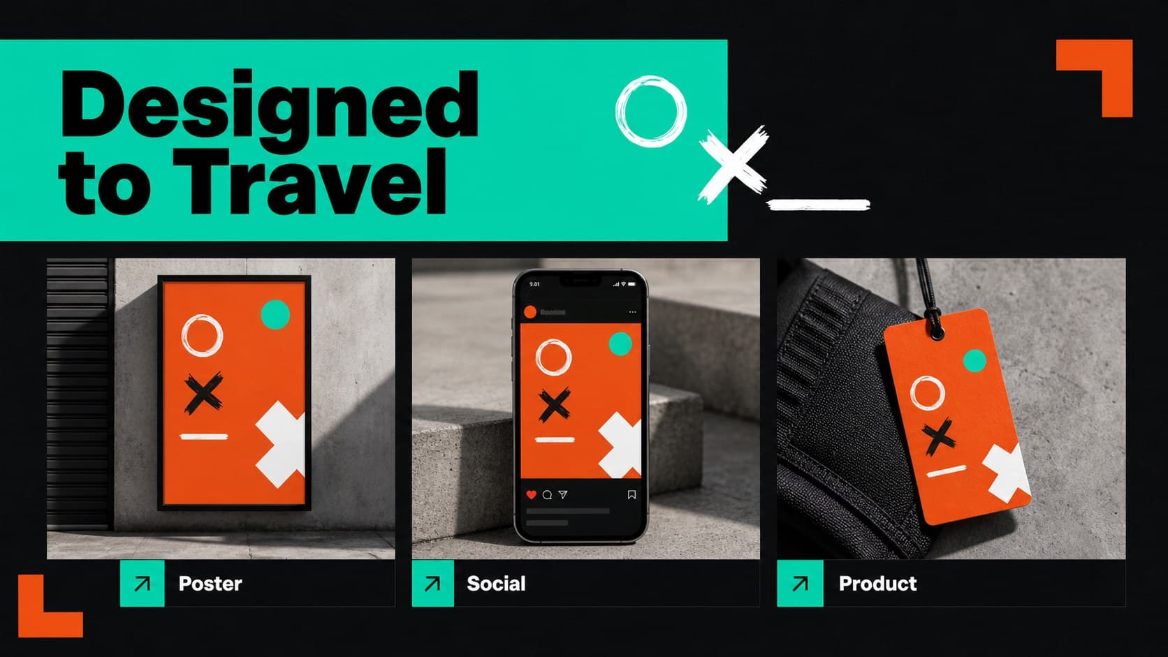 Campaign application slide showing how the identity adapts across retail and social media touchpoints.