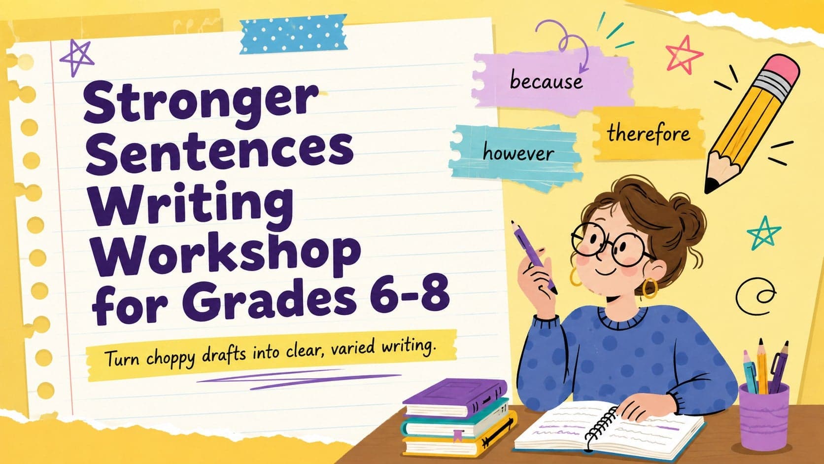 Yellow illustrated cover for the Stronger Sentences Writing Workshop for Grades 6-8.