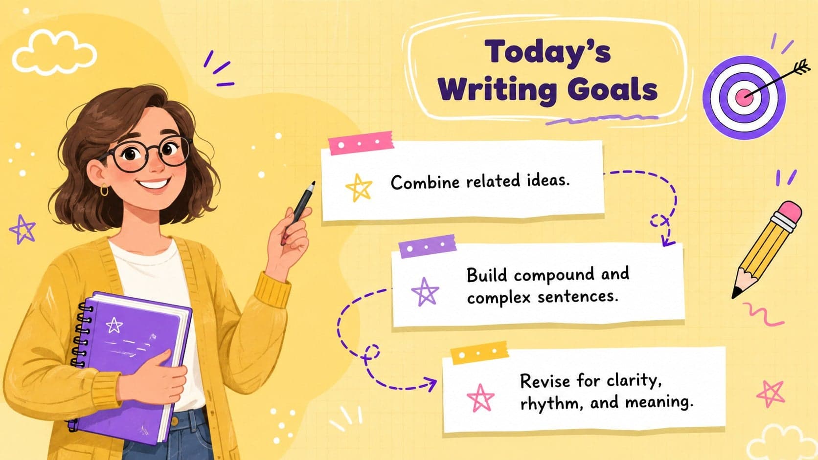 Learning goals slide for a middle school sentence variety lesson.