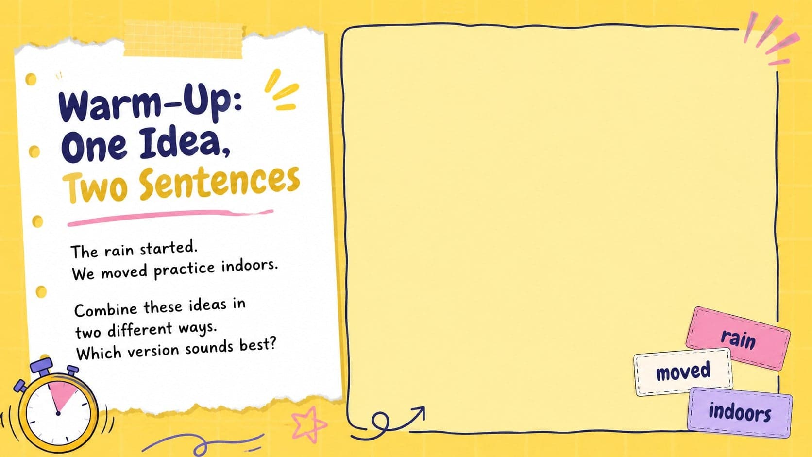 Diagnostic warm-up slide with sentence combining activities for grades 6-8.
