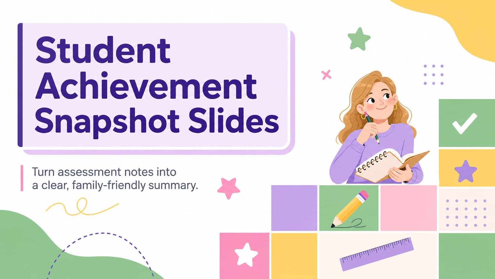 Cover for Student Achievement Snapshot Slides with a colorful pastel grid and playful school-themed graphics.