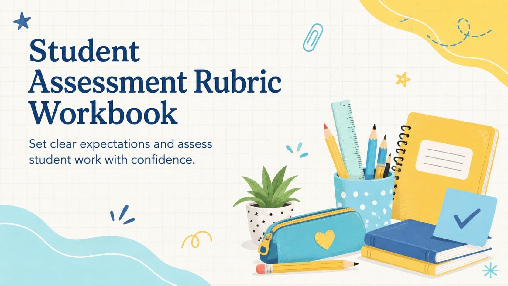 Colorful Student Assessment Rubric Workbook cover with blue and yellow classroom illustrations.