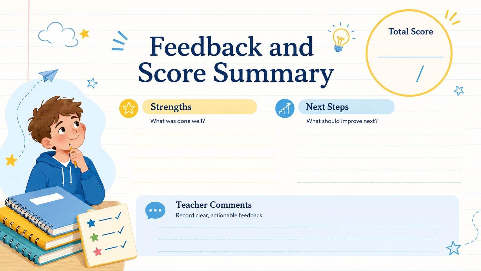 Classroom grading rubric presentation page with score summary, strengths, and next-step feedback fields.