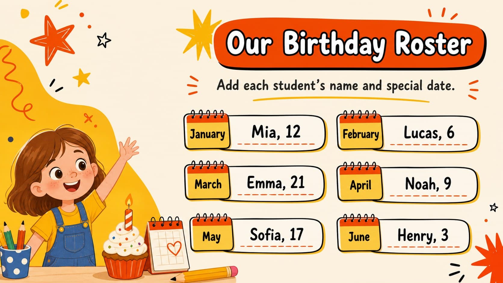 Monthly birthday roster template with colorful student name spaces and yellow-orange doodle decorations.