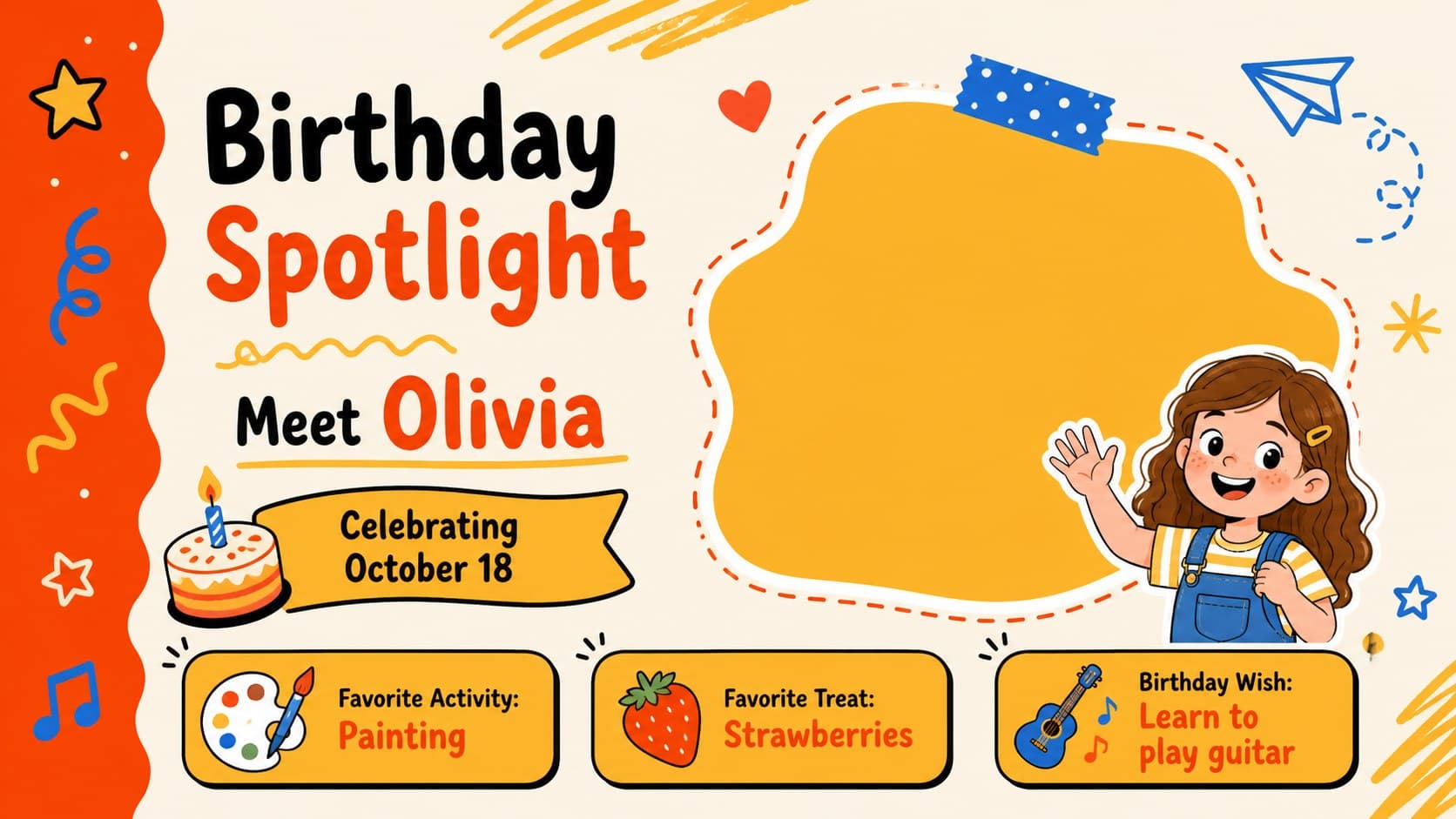 Birthday spotlight slide for students with a photo placeholder, fun facts, and cheerful classroom illustrations.