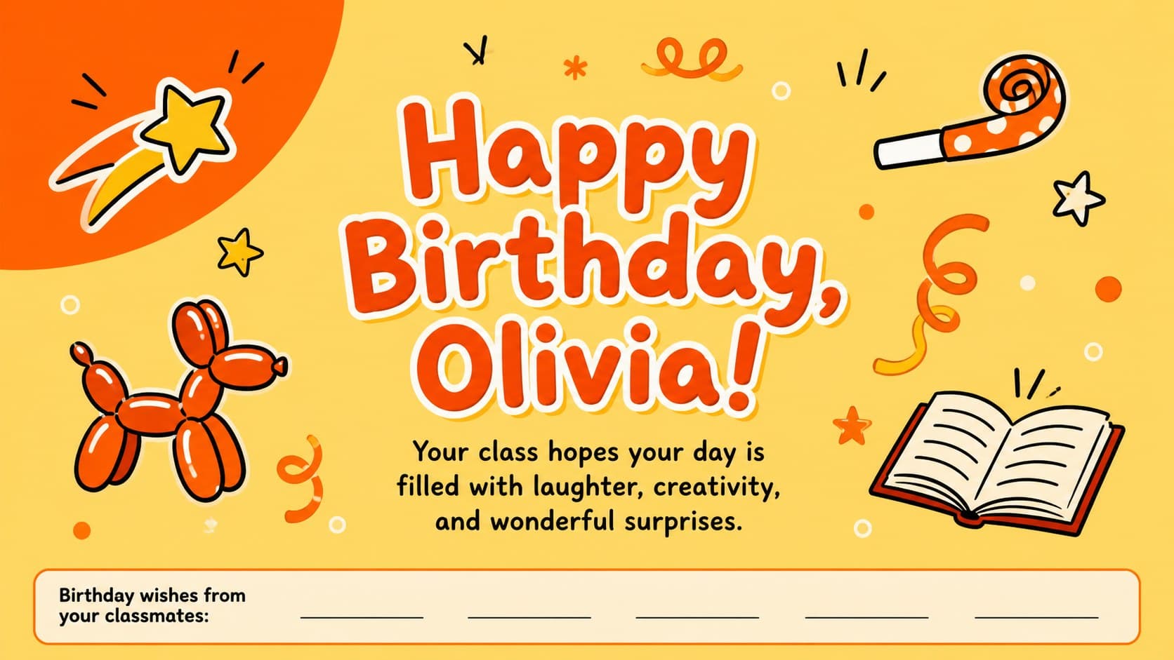 Class birthday greeting slide with a large celebration message and space for student signatures in a sunny doodle theme.