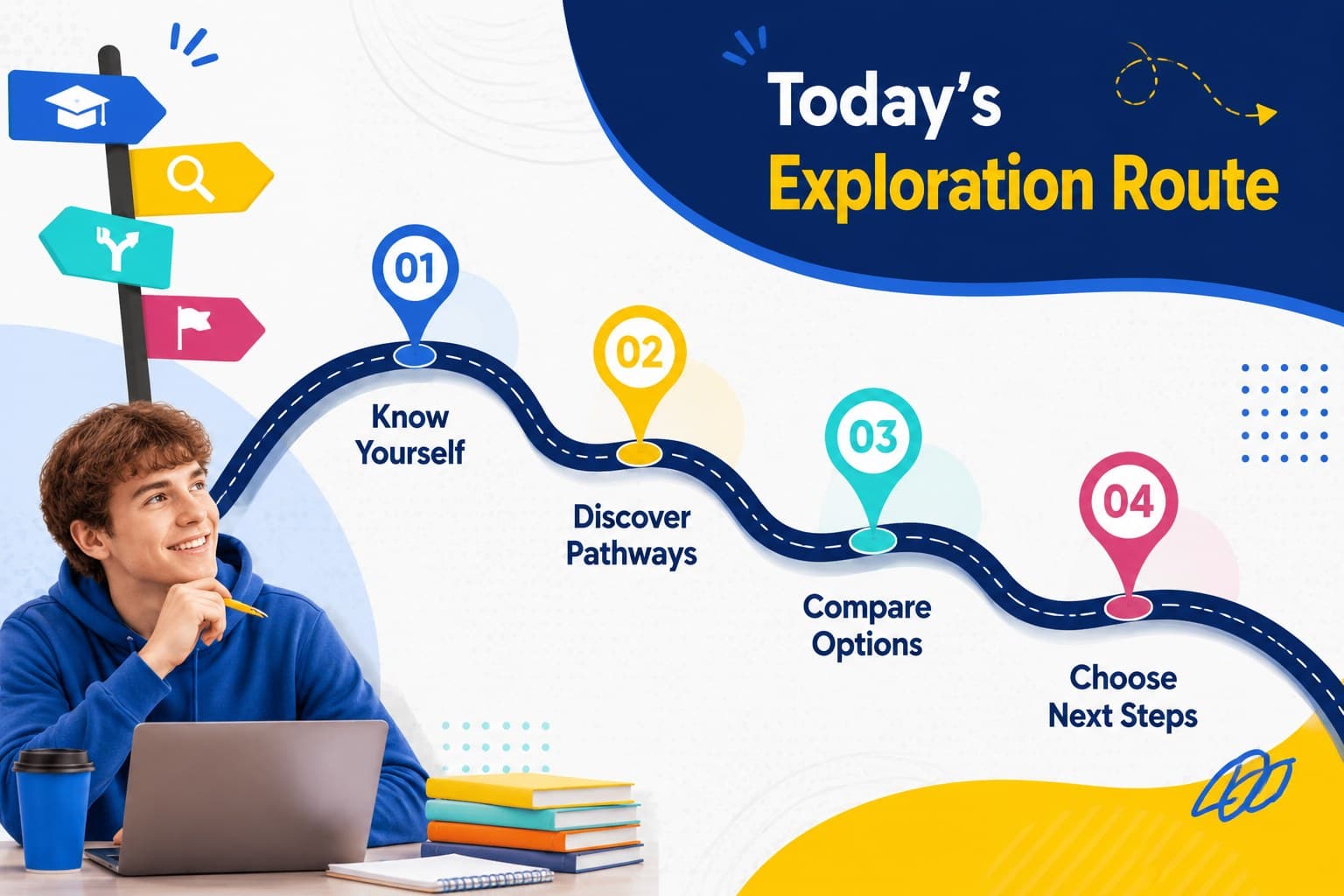 Career exploration workshop agenda arranged in a blue and yellow geometric timeline.