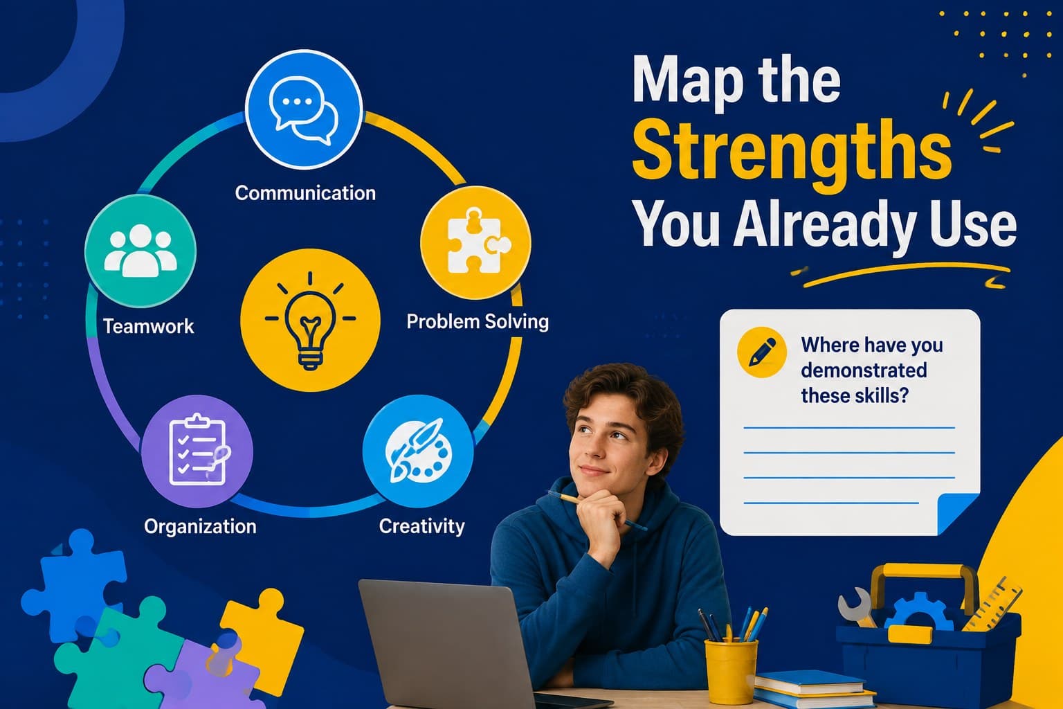 Blue and yellow skills mapping slide for identifying strengths in a career readiness lesson.
