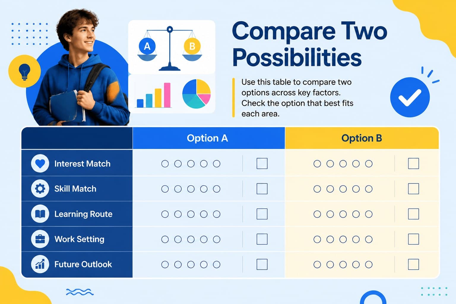 Career option comparison slide using editable criteria for interests, skills, learning, and outlook.
