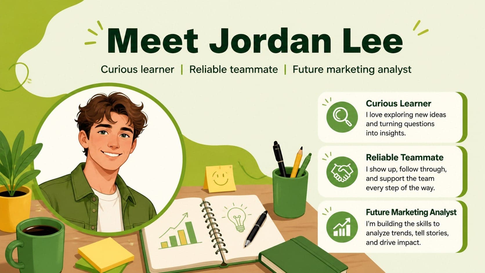 About-me profile page from an editable student portfolio presentation with illustrated personal details.