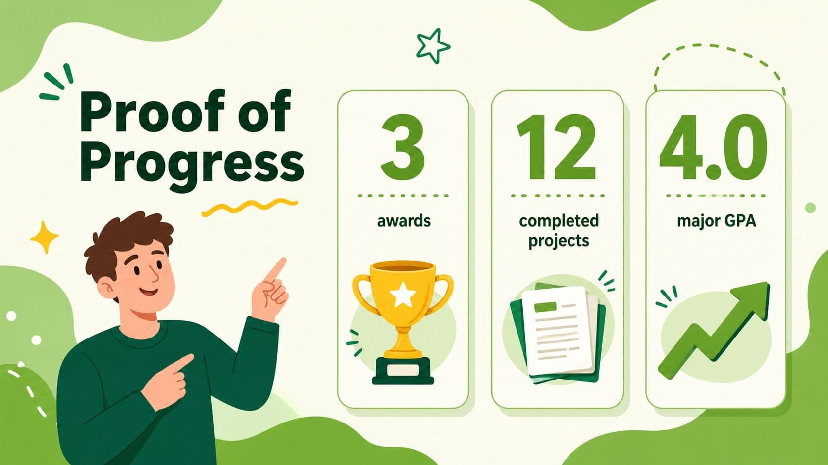 Academic achievements slide from an editable student portfolio presentation with colorful award and result cards.
