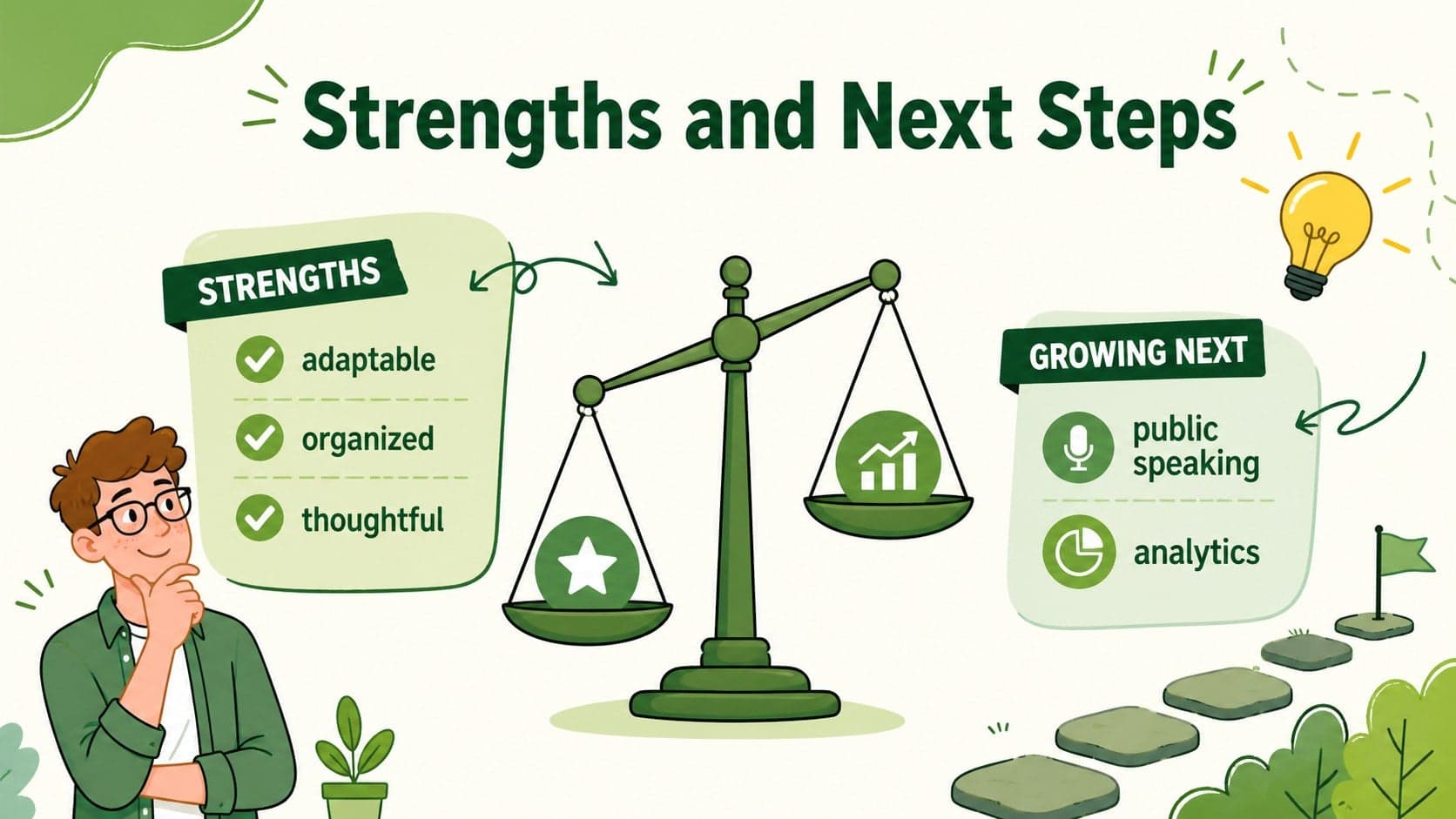 Student strengths and growth areas slide for an entry-level resume presentation with balanced illustrated columns.