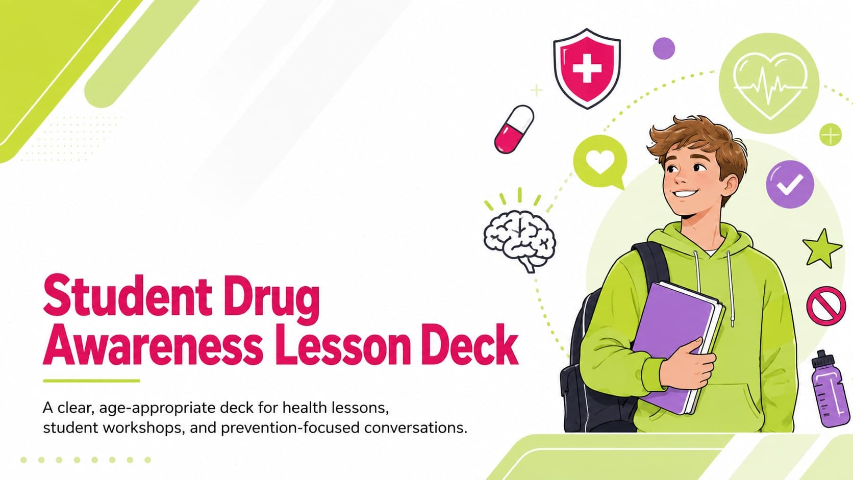 Cover of the Student Drug Awareness Lesson Deck with bright green educational graphics on a clean white background.