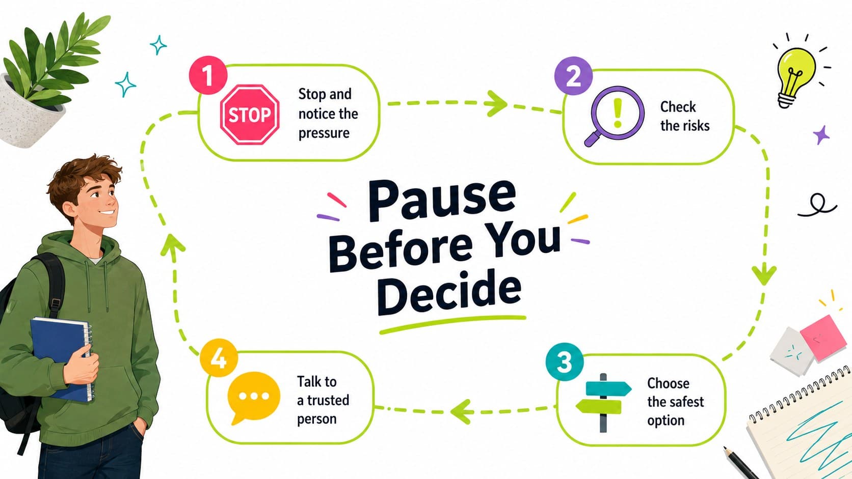Student safety slide presenting a four-step decision strategy for high-pressure situations.