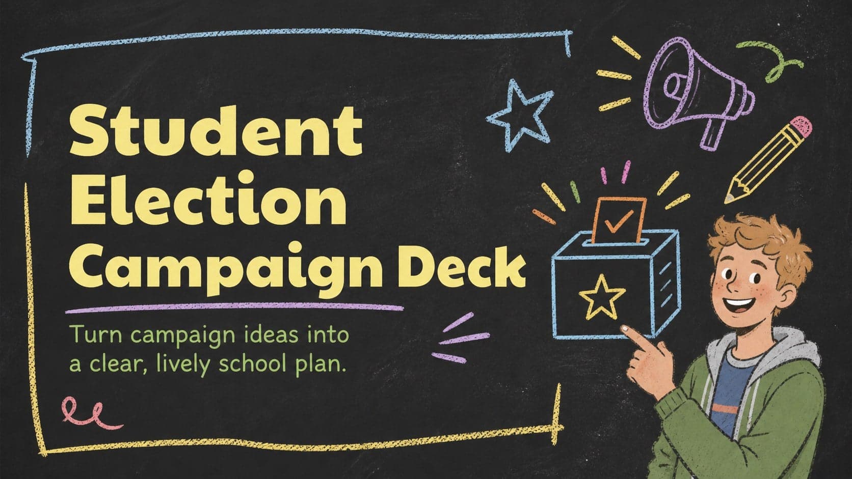 Cover of a colorful chalkboard student election campaign deck with playful school-themed illustrations.