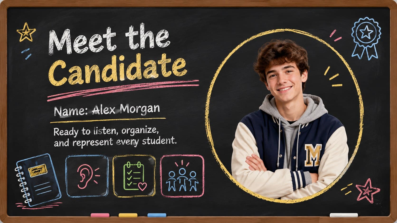 Chalkboard candidate profile slide for a school council election presentation.