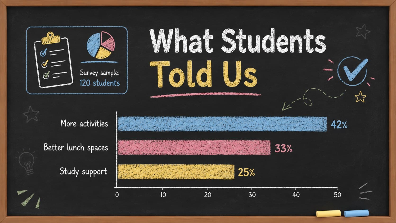 Classroom voting presentation showing student survey results in a colorful chalk bar chart.