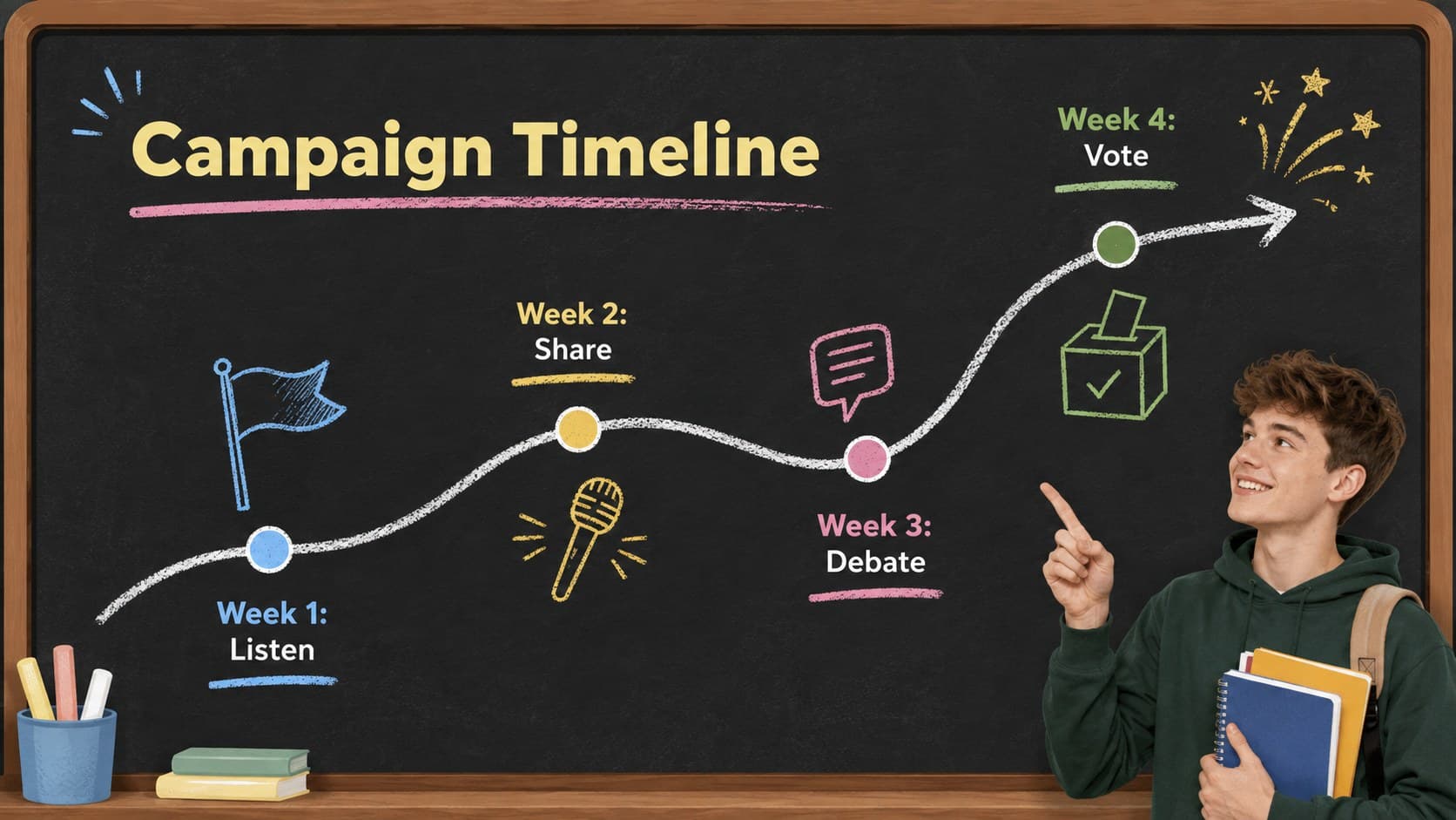 School election planning deck slide with a four-stage chalkboard campaign timeline.