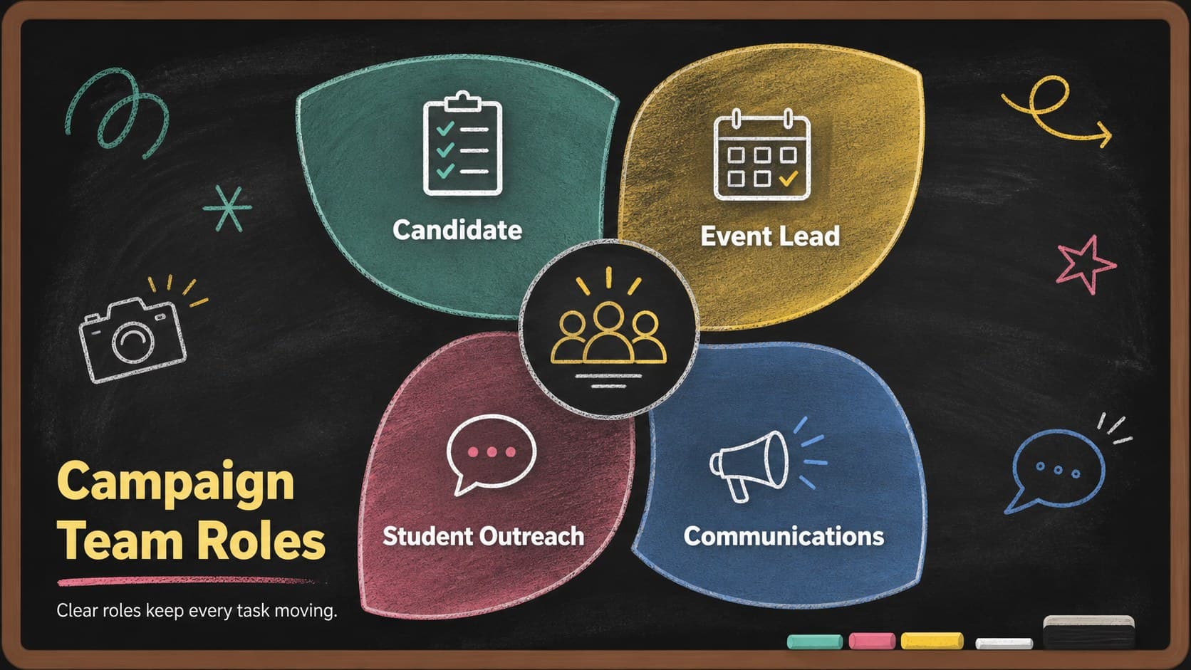 Editable school leadership slide outlining four campaign team roles.