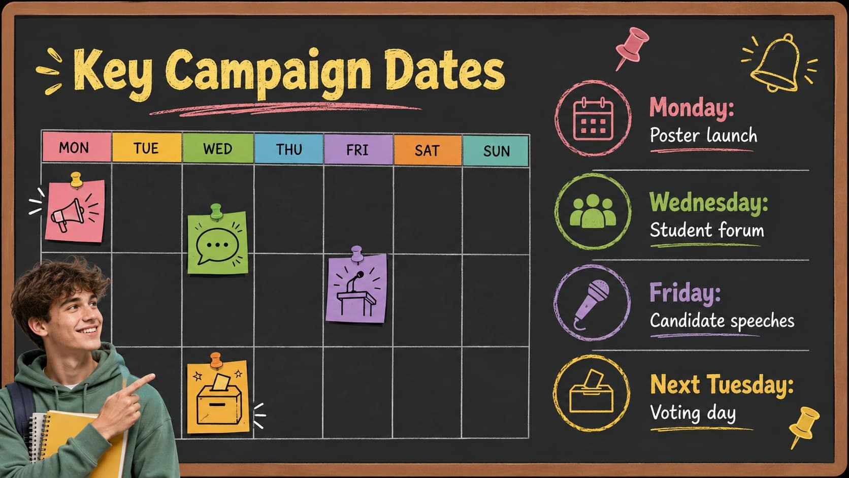 Student government campaign calendar featuring school events and voting dates.