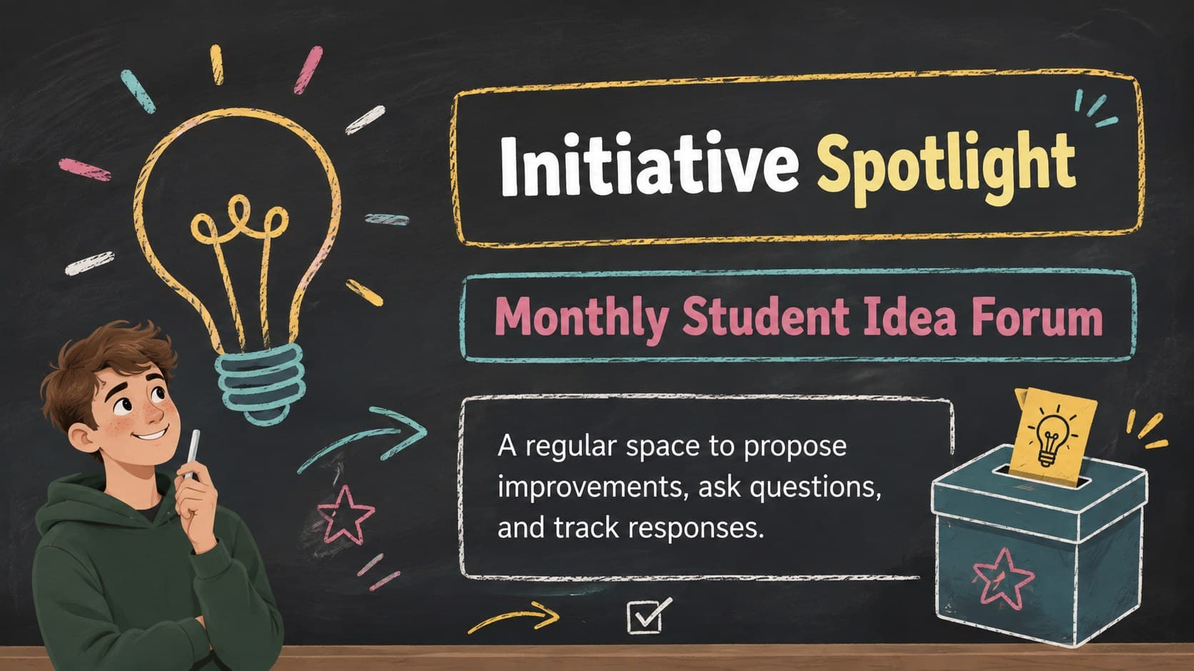 Chalkboard student government template highlighting a student idea forum initiative.