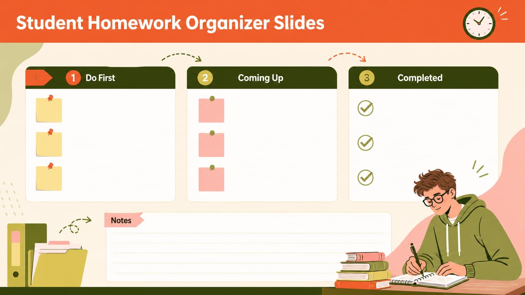 Student task priority sheet organizing urgent, upcoming, and completed school assignments.
