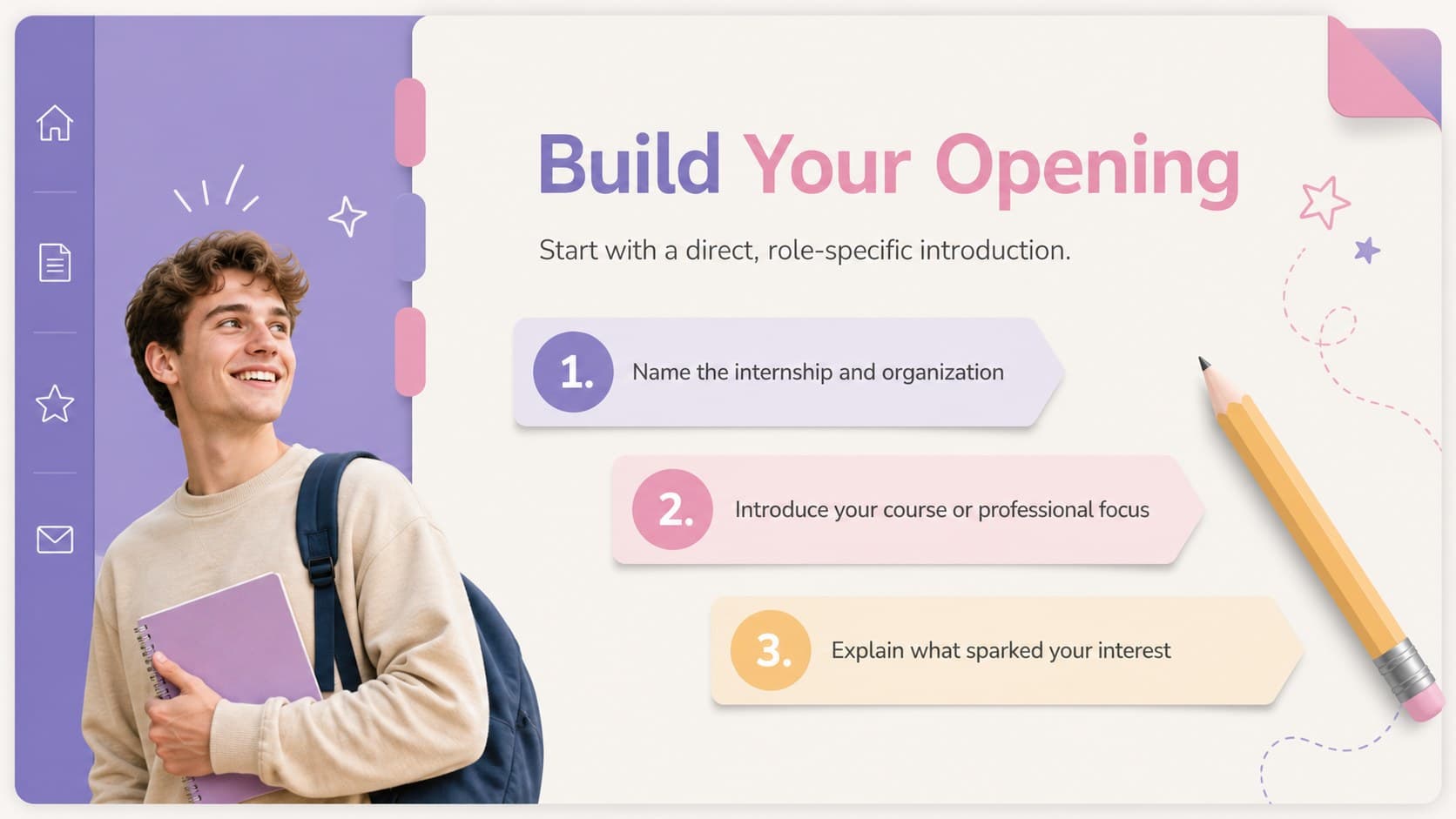 Internship application letter slide explaining how students can write a focused opening paragraph.