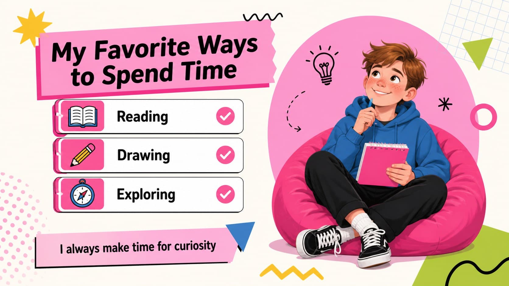 Favorite activities slide for a first day student presentation with playful pink visuals.