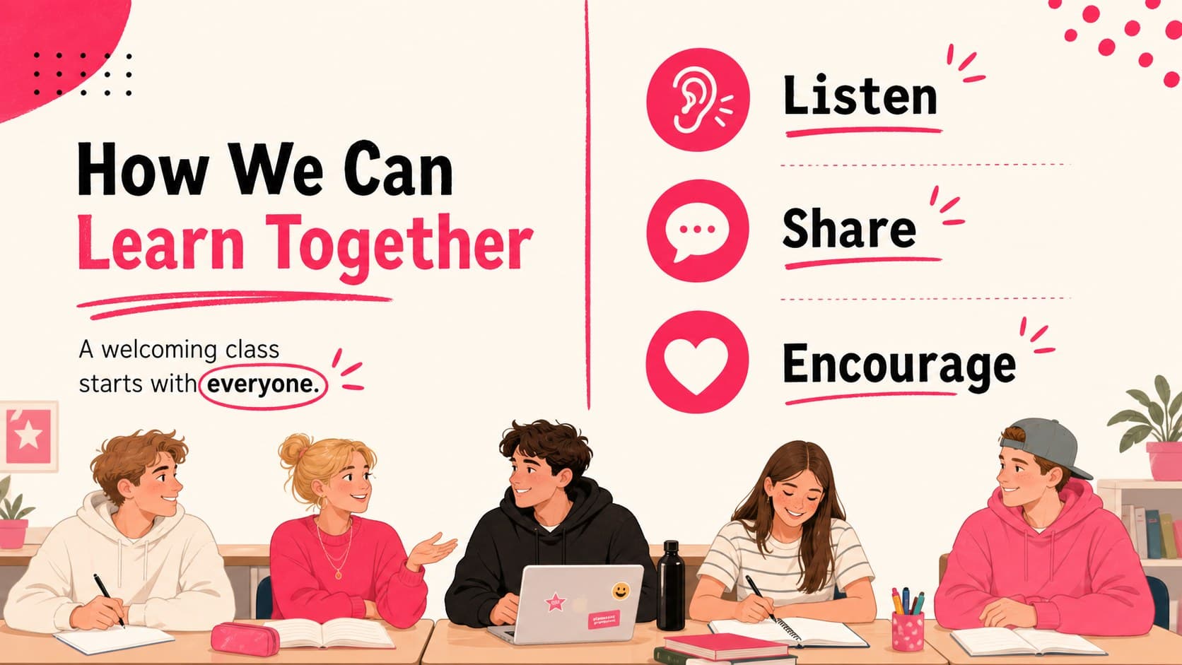 Classroom hopes slide with collaborative prompts in a pink classroom presentation theme.
