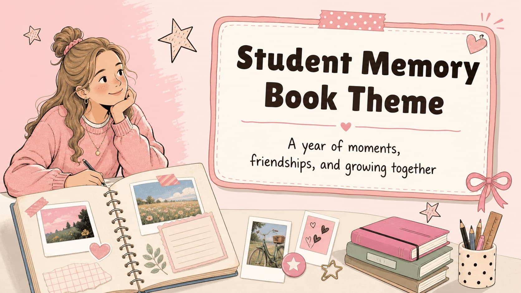 Cover slide for a student memory book theme with a pastel classroom storybook design.